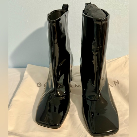NEW Good American Black Patent Leather Boots Size 5 Square Toe Ankle Booties - Picture 2 of 5